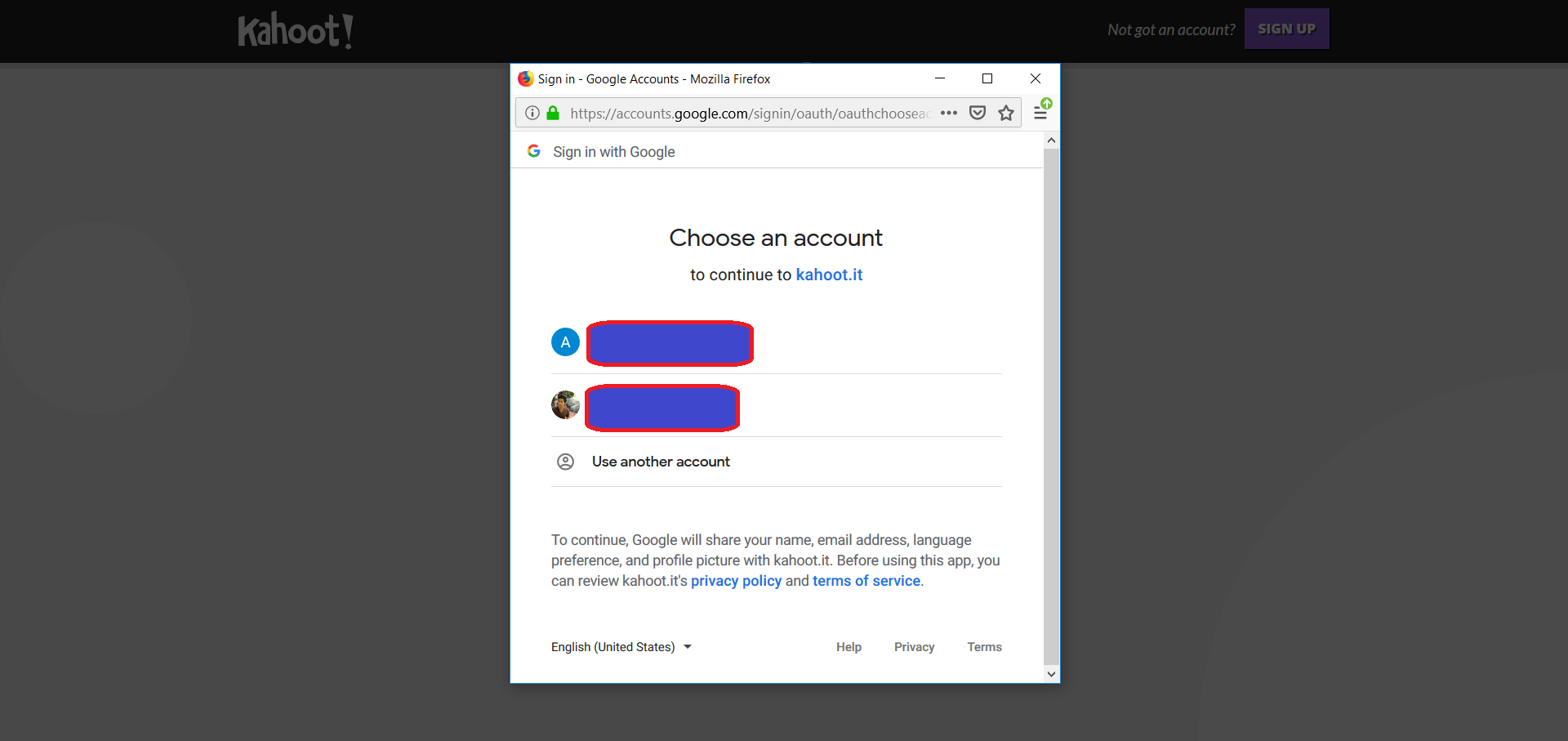 Kahoot Authentication with Gmail